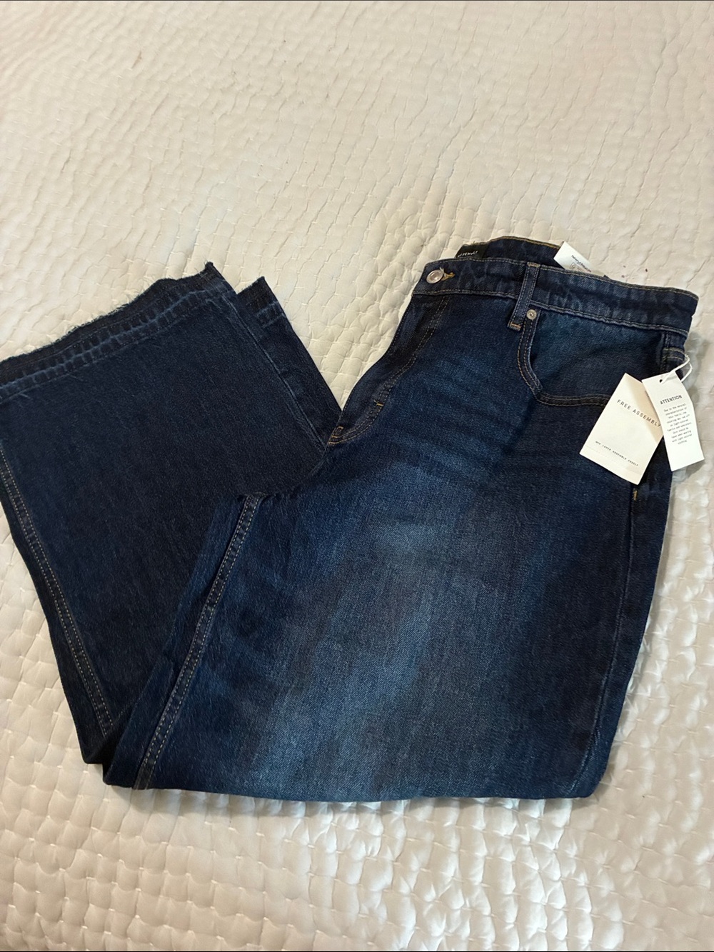 Wide Leg Dark Blue Jeans - High-Rise Denim Raw hem Size 16 NWT - Picture 2 of 7